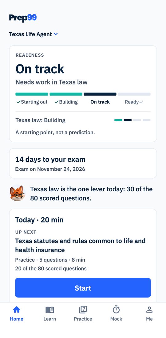 The Home screen: the readiness band On track, its reason Needs work in Texas law, and the day’s practice.