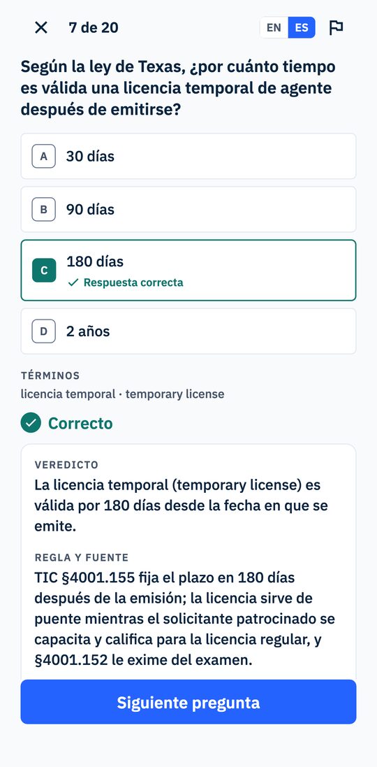Una pregunta de práctica de ley de Texas respondida correctamente, con su veredicto, la regla y su fuente.