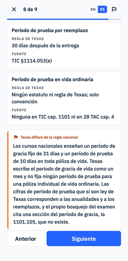 Una lección sobre las reglas de Texas para pólizas de vida, en su recuadro « Texas difiere de la regla nacional ».